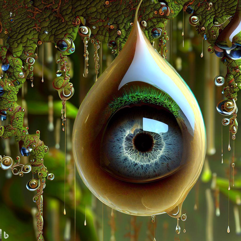 3D hyper-detailed joyfully imploding raindrop with druid nano-wire root-circuitry iris-stroma and a breathing eye & pupil at its core, covered in wet rainforest moss that spatters to connect to fractal  synapses, mirroring recursion.jpg